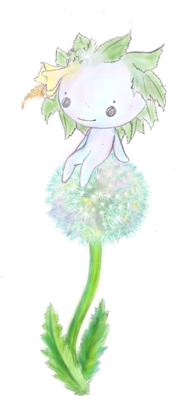 Pixie sitting on a dandelion